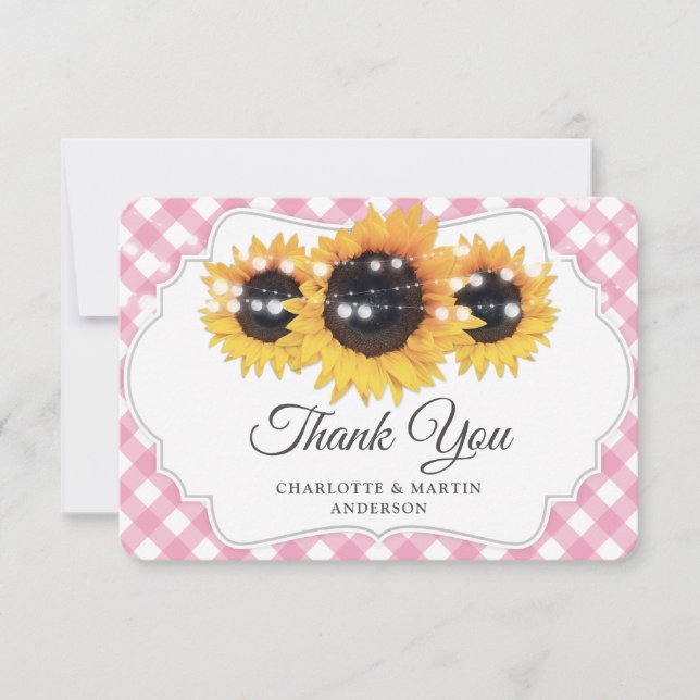 Tarjeta De Agradecimiento Boda Rústico del Girasol Rosa Gingham (Anverso)