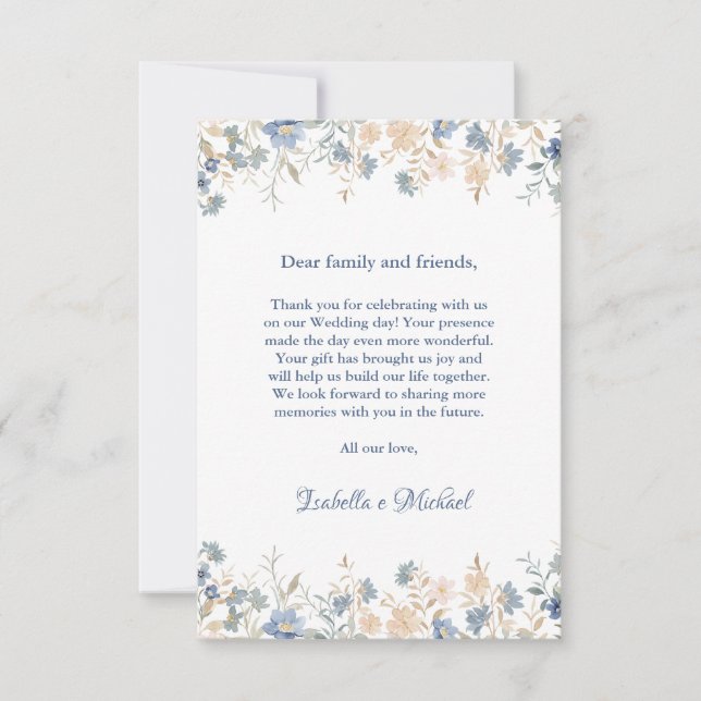 Tarjeta De Agradecimiento Boda rústico floral Boho azul y beige (Anverso)