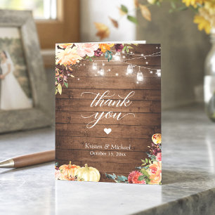 Tarjeta De Agradecimiento Boda Rústico Floral Mason Jar Luces de Otoño
