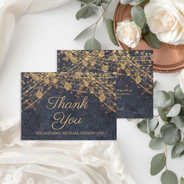 Tarjeta De Agradecimiento Boda Rústico Glam Blue Gold String Lights (Rustic chic navy blue and gold string lights wedding Thank You card)