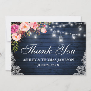 Tarjeta De Agradecimiento Boda Rústico Madera Azul Lámparas Floral Rosa