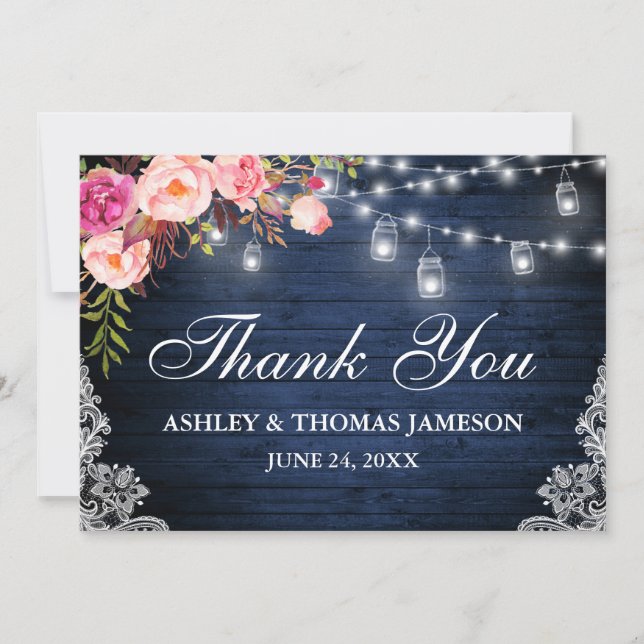 Tarjeta De Agradecimiento Boda Rústico Madera Azul Lámparas Floral Rosa (Anverso)