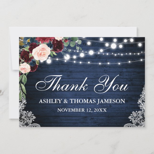 Tarjeta De Agradecimiento Boda Rústico Wood Blue Burgundy Floral (Anverso)