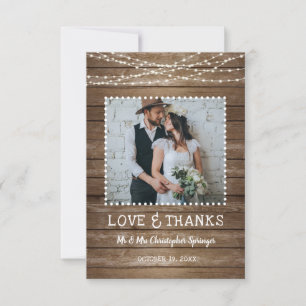 Tarjeta De Agradecimiento Boda Rústico Wood LOVE & THANKS String Lights