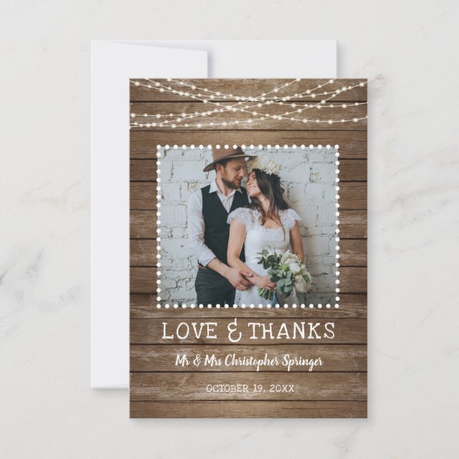 Tarjeta De Agradecimiento Boda Rústico Wood LOVE & THANKS String Lights (Anverso)