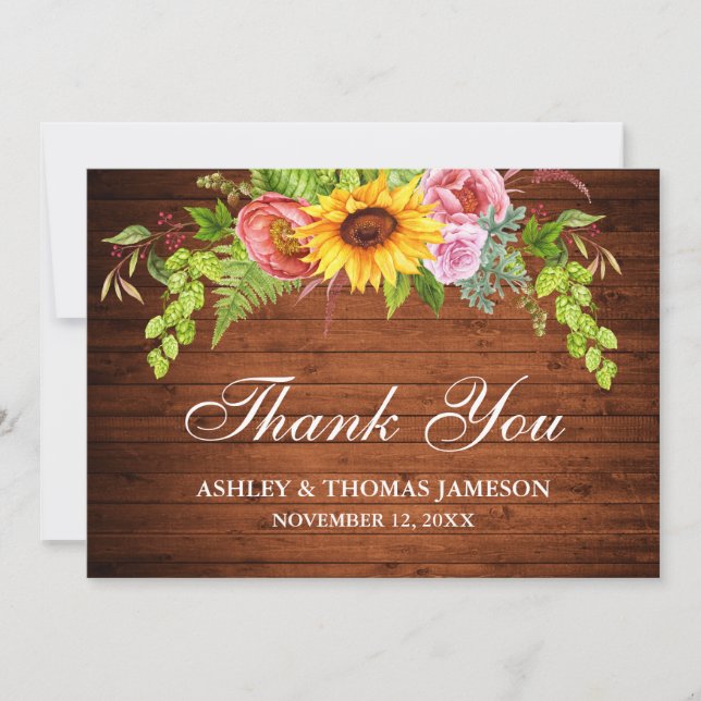 Tarjeta De Agradecimiento Boda Rústico Wood Sunflower Floral (Anverso)