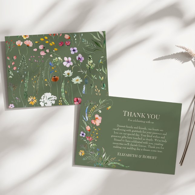 Tarjeta De Agradecimiento Boda Sage Green Wildflower Meadow (Sage Green Wildflower Meadow Wedding Thank You Card on a sunny white table.)