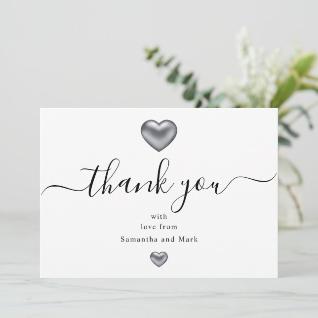 Tarjeta De Agradecimiento Boda Silver Heart Gracias (Anverso de pie)