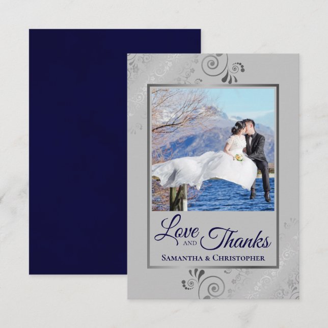 Tarjeta De Agradecimiento Boda Silver Lace Navy Blue & Grey Love & Gracias (Anverso / Reverso)