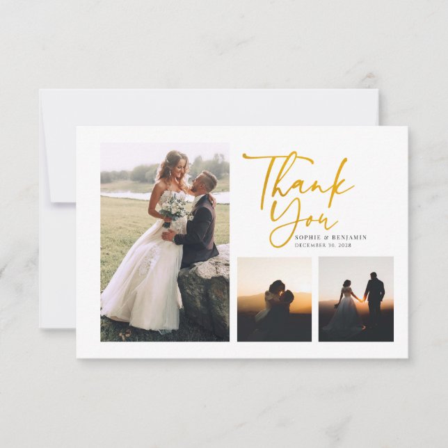 Tarjeta De Agradecimiento Boda simple con letras de oro (Anverso)