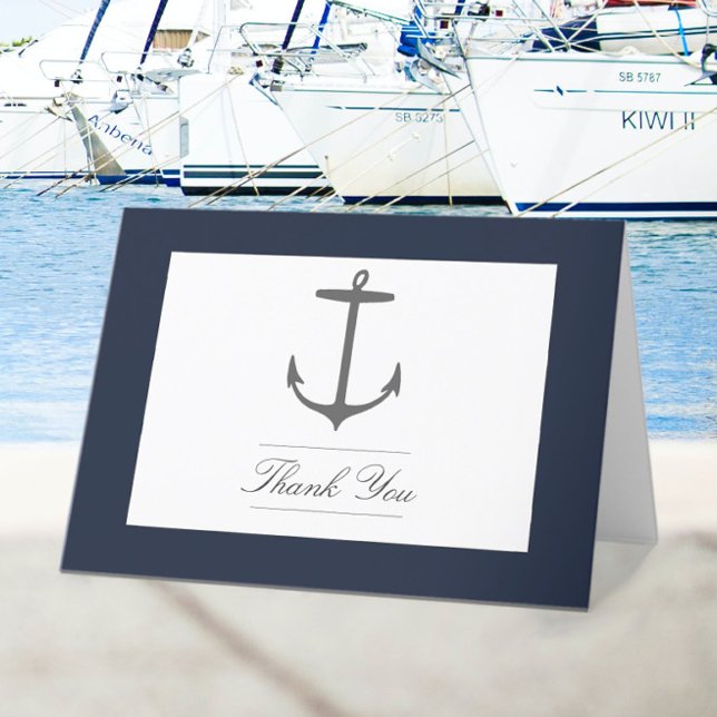 Tarjeta De Agradecimiento Boda simple de ancla náutica | Azul Marino (Navy Simple Nautical Anchor Wedding Thank You Card)