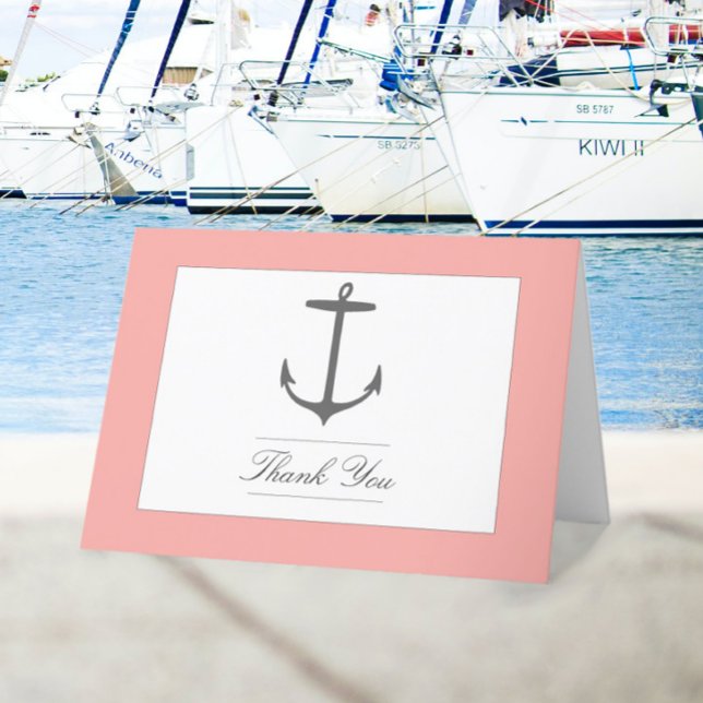 Tarjeta De Agradecimiento Boda simple de ancla náutica | Coral (Coral Simple Nautical Anchor Wedding Thank You Card)