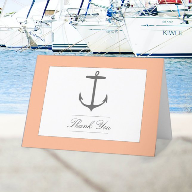 Tarjeta De Agradecimiento Boda simple de ancla náutica | Peach (Peach Fuzz Simple Nautical Anchor Wedding Thank You Card)