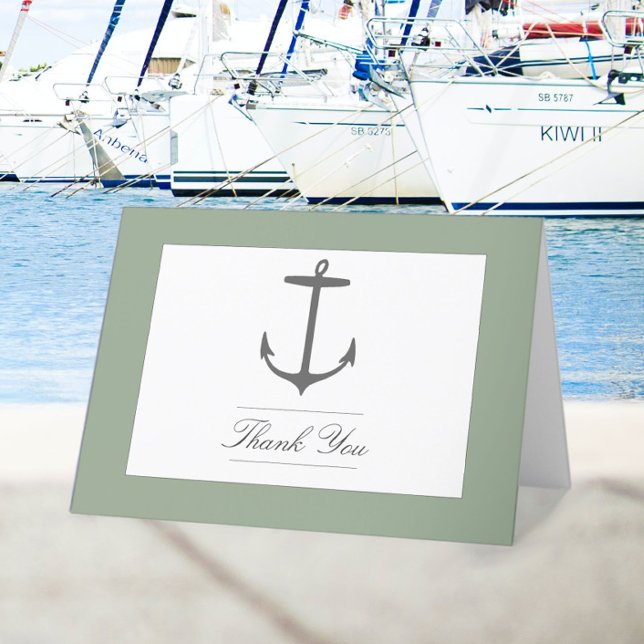 Tarjeta De Agradecimiento Boda simple de ancla náutica | Sage Green (Sage Green Simple Nautical Anchor Wedding Thank You Card)