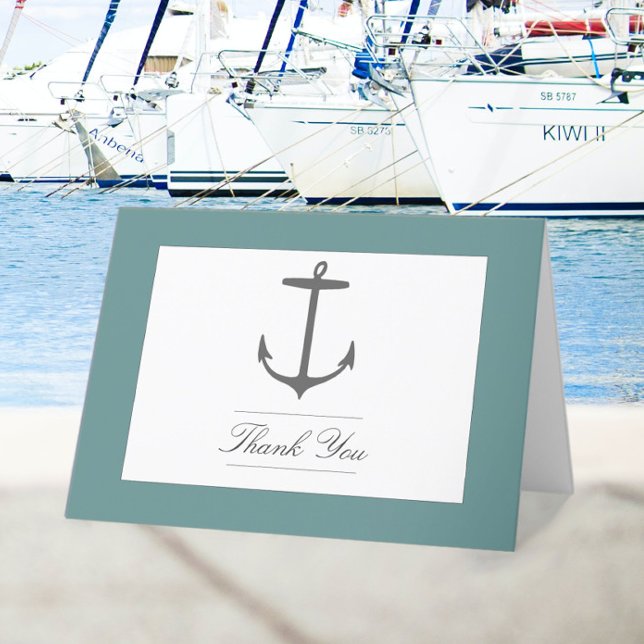 Tarjeta De Agradecimiento Boda simple de ancla náutica | VERDE AZULADO (Teal Simple Nautical Anchor Wedding Thank You Card)