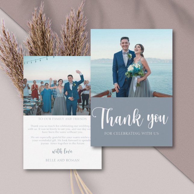 Tarjeta De Agradecimiento Boda simple de fotos azul y turbio gracias (Subido por el creador)