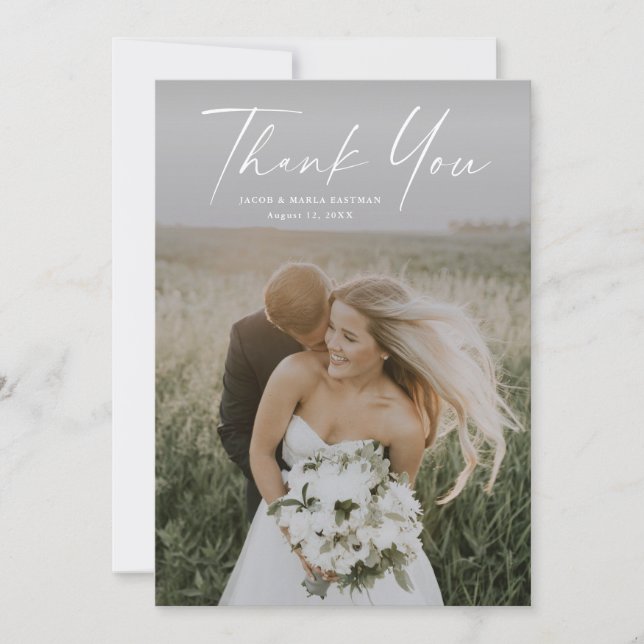 Tarjeta De Agradecimiento Boda simple de guiones fotográficos (Anverso)