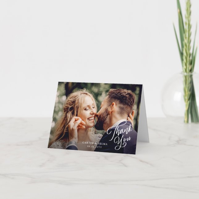 Tarjeta De Agradecimiento Boda simple de guiones fotográficos (Anverso)