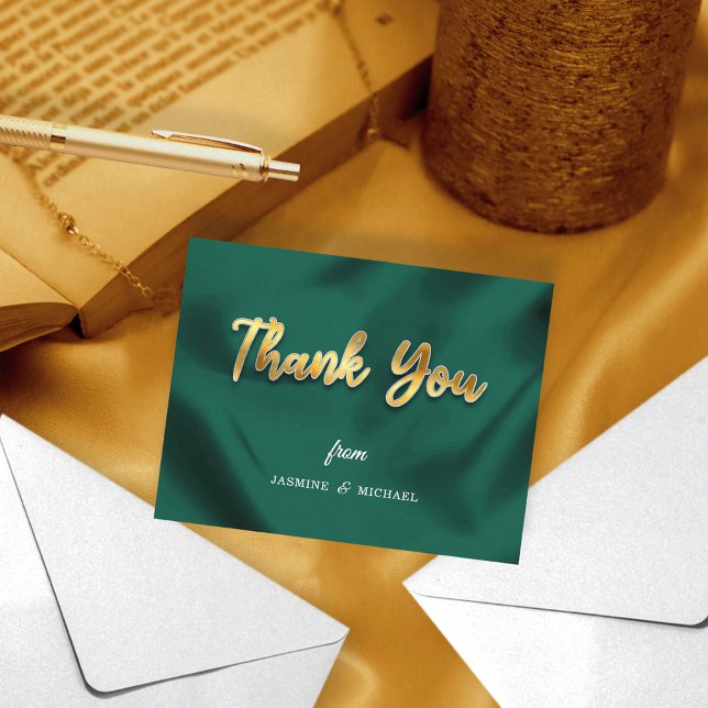 Tarjeta De Agradecimiento Boda Simple Esmeralda Verde & Oro Script Clásico (Subido por el creador)