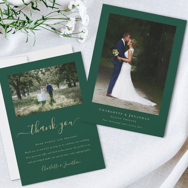 Tarjeta De Agradecimiento Boda Simple Moderna Foto (Simple modern wedding photo thank you card dark green Elegant script 2 photographs personalized )