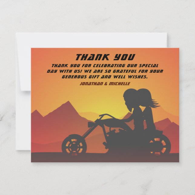 Tarjeta De Agradecimiento Boda Sunset/Sunrise de Motocicleta Pareja (Anverso)