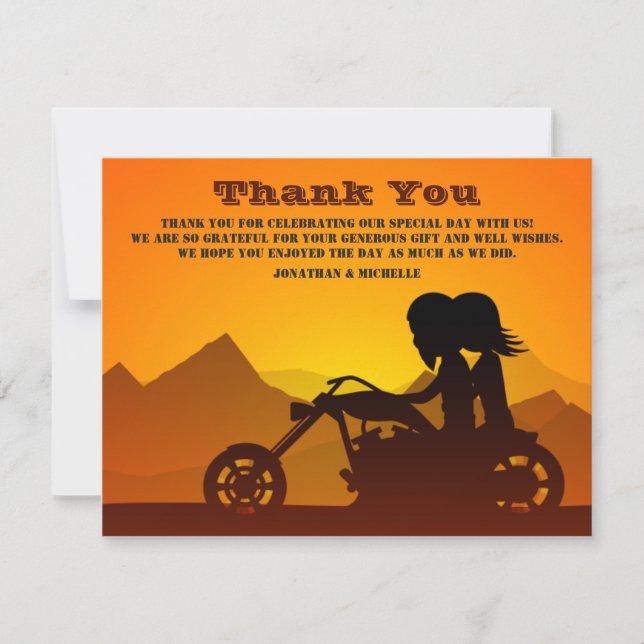 Tarjeta De Agradecimiento Boda Sunset/Sunrise de Motocicleta Pareja (Anverso)