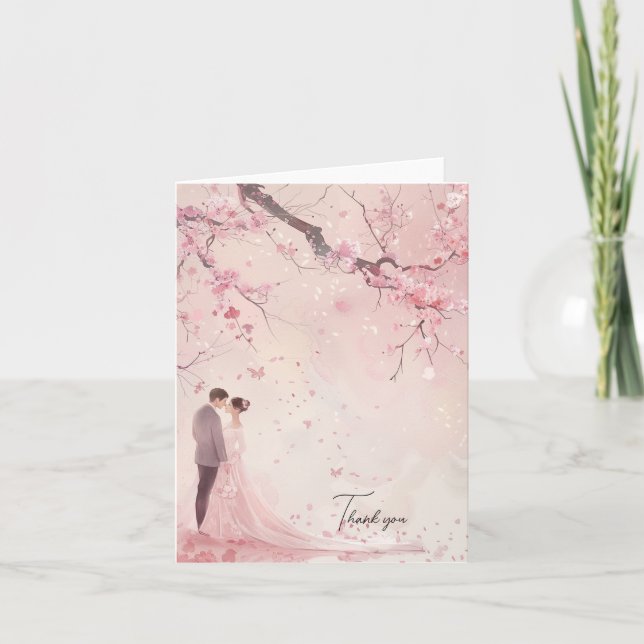 Tarjeta De Agradecimiento Boda tema rosa de novios (Anverso)