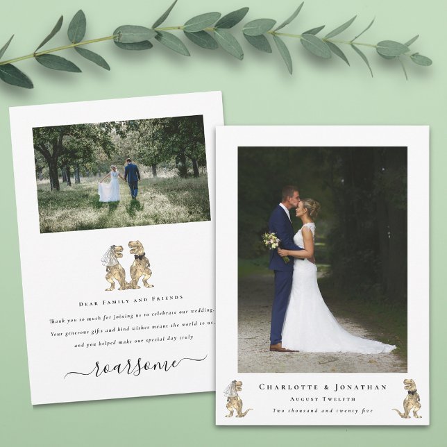 Tarjeta De Agradecimiento Boda Temático De Dinosaurios Foto Gracias (Dinosaur wedding photo thank you card 2 photograph Funny T-Rex bride and groom elegant modern script)