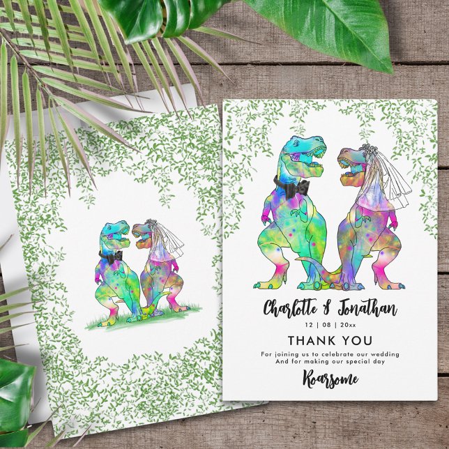Tarjeta De Agradecimiento Boda Temático De Dinosaurios Gracias (Colorful dinosaur wedding thank you card with colorful T-Rex bride and groom and Jurassic jungle )