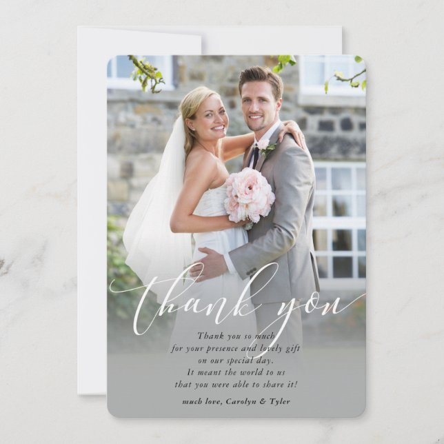Tarjeta De Agradecimiento BODA THANKS fotografía caligrafía elegante ovelay (Anverso)