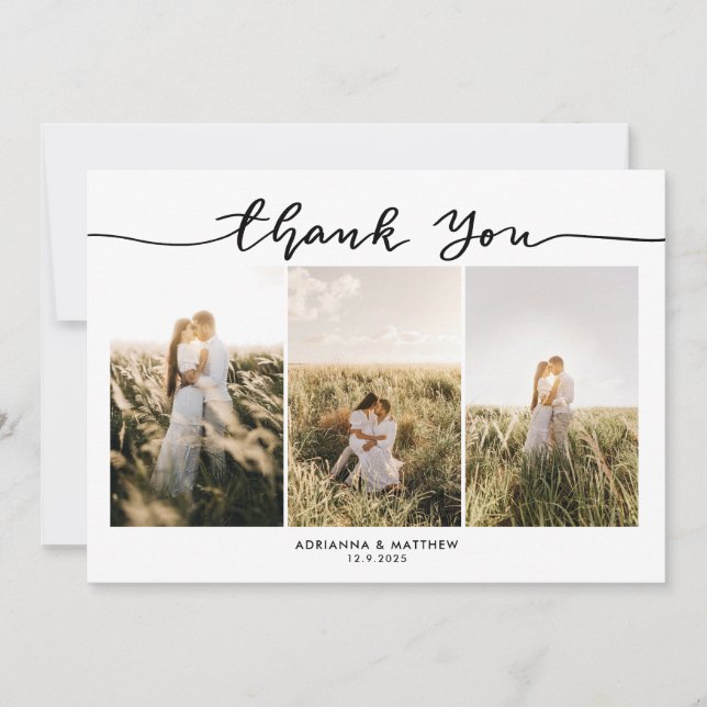 Tarjeta De Agradecimiento Boda Tres Fotos Elegante Guión De Gracias (Anverso)