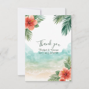 Tarjeta De Agradecimiento Boda Tropical Costera de Hibisco en la Playa de Ha