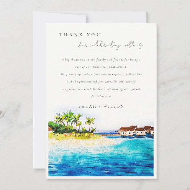 Tarjeta De Agradecimiento Boda Tropical De Playa De Villas De Aguas Submarin (Anverso)