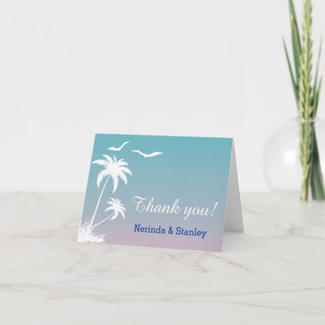 Tarjeta De Agradecimiento Boda tropical en la playa con palmeras Gracias fot (Anverso)