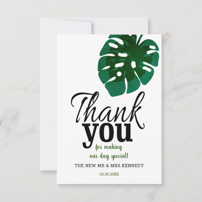 Tarjeta De Agradecimiento Boda Tropical Monstera Leaf Gracias (Anverso)