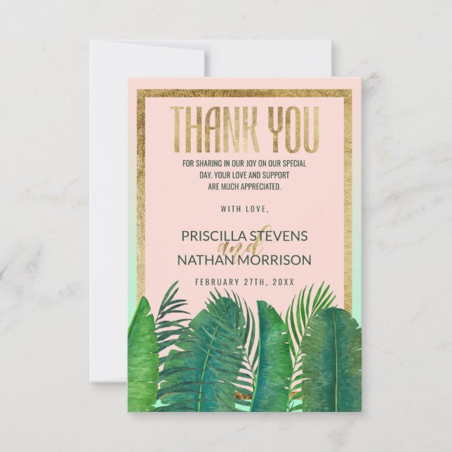 Tarjeta De Agradecimiento Boda Tropical Palm Tree Banana Leaf Gold (Anverso)