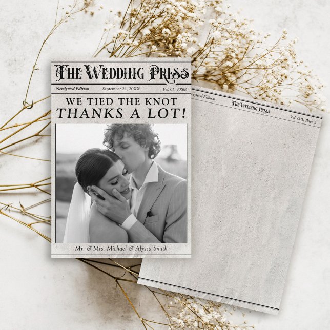 Tarjeta De Agradecimiento Boda único fotográfico de periódico de época (Vintage Newspaper black and white photo trendy classic chic unique wedding set flat thank you card)