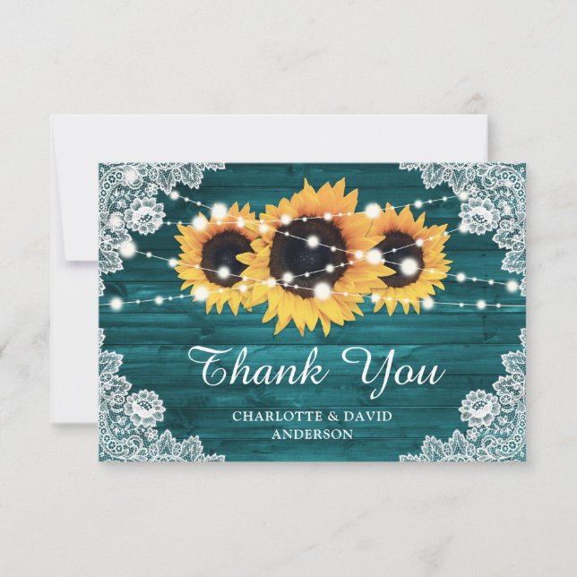 Tarjeta De Agradecimiento Boda verde azulado de girasol de madera rústica (Anverso)