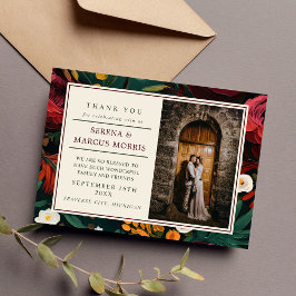 Tarjeta De Agradecimiento Boda Verde azulado floral oscuro borgoña pintada