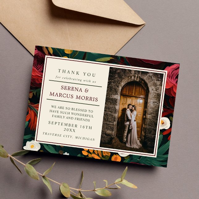 Tarjeta De Agradecimiento Boda Verde azulado floral oscuro borgoña pintada (Subido por el creador)
