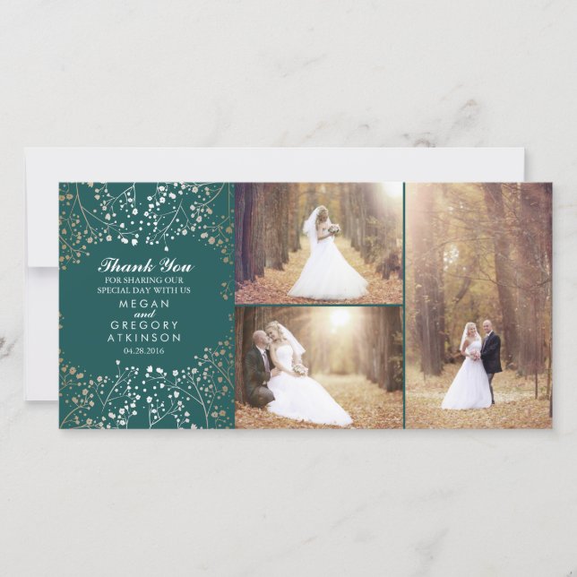 Tarjeta De Agradecimiento Boda Verde azulado por el aliento de un bebé dorad (Anverso)