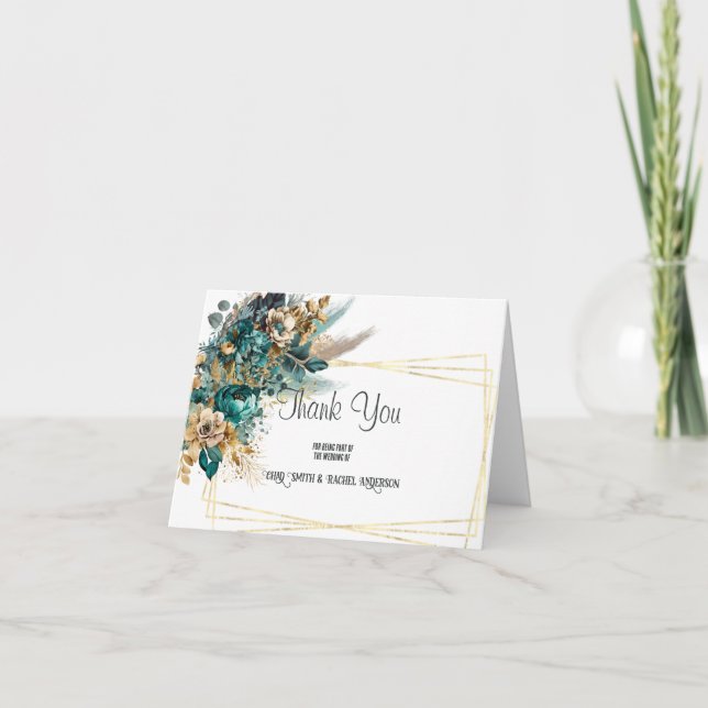 Tarjeta De Agradecimiento Boda verde azulado y de oro (Anverso)