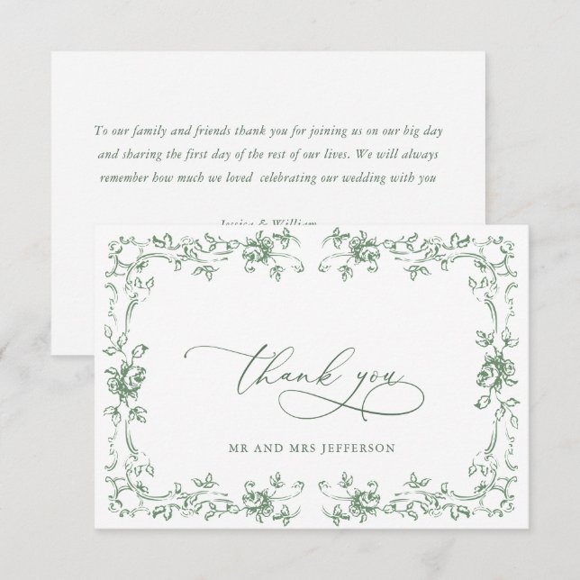Tarjeta De Agradecimiento Boda verde de la sabana floral del ornato renacent (Anverso / Reverso)