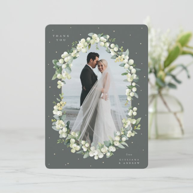 Tarjeta De Agradecimiento Boda verde de nieve + eucalipto foto plana (Anverso de pie)