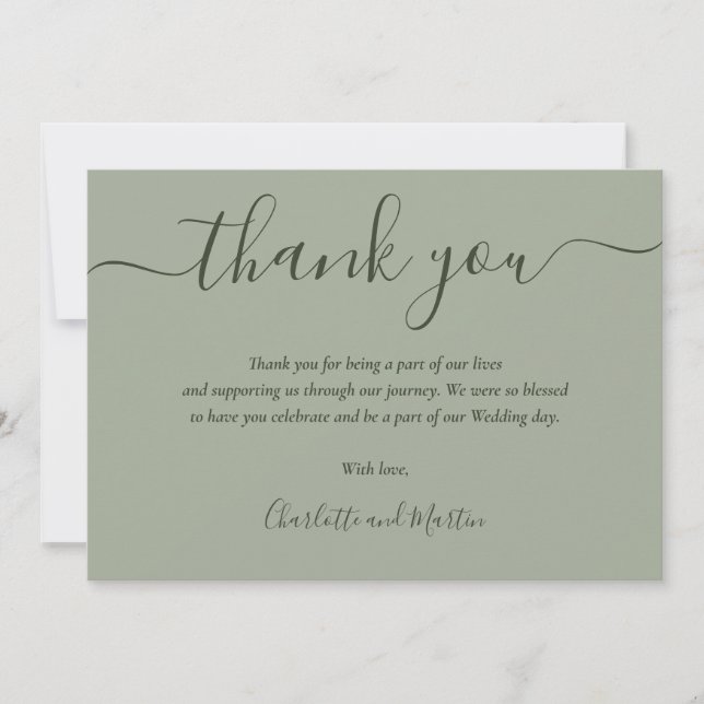 Tarjeta De Agradecimiento Boda verde de sabio guión moderno (Anverso)