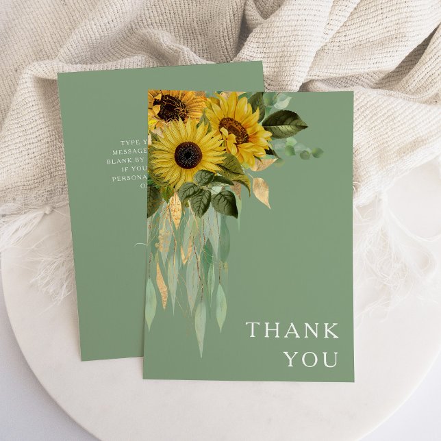 Tarjeta De Agradecimiento Boda Verde del girasol floral Eucalyptus Sage (Floral Sunflower Eucalyptus Sage Green Wedding Thank You Card)