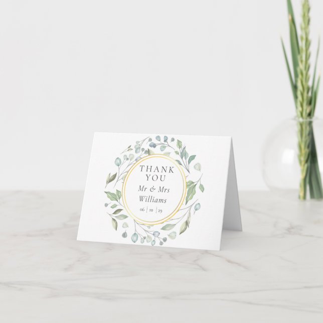 Tarjeta De Agradecimiento Boda Verde Dorada (Anverso)