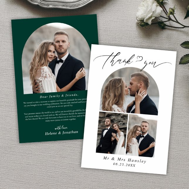 Tarjeta De Agradecimiento Boda verde esmeralda de arte fotográfico minimalis (Minimalist Photo Arch Emerald Green Wedding Thank You Card)