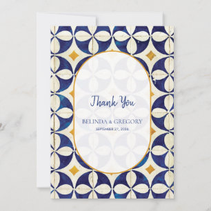 Tarjeta De Agradecimiento Boda Vintage Azul y Amarillo con Patrón Portugués
