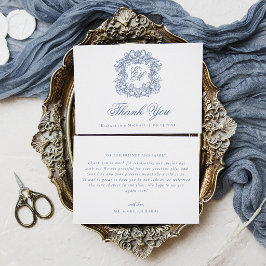 Tarjeta De Agradecimiento Boda Vintage Cresta de Monograma Elegante Azul 